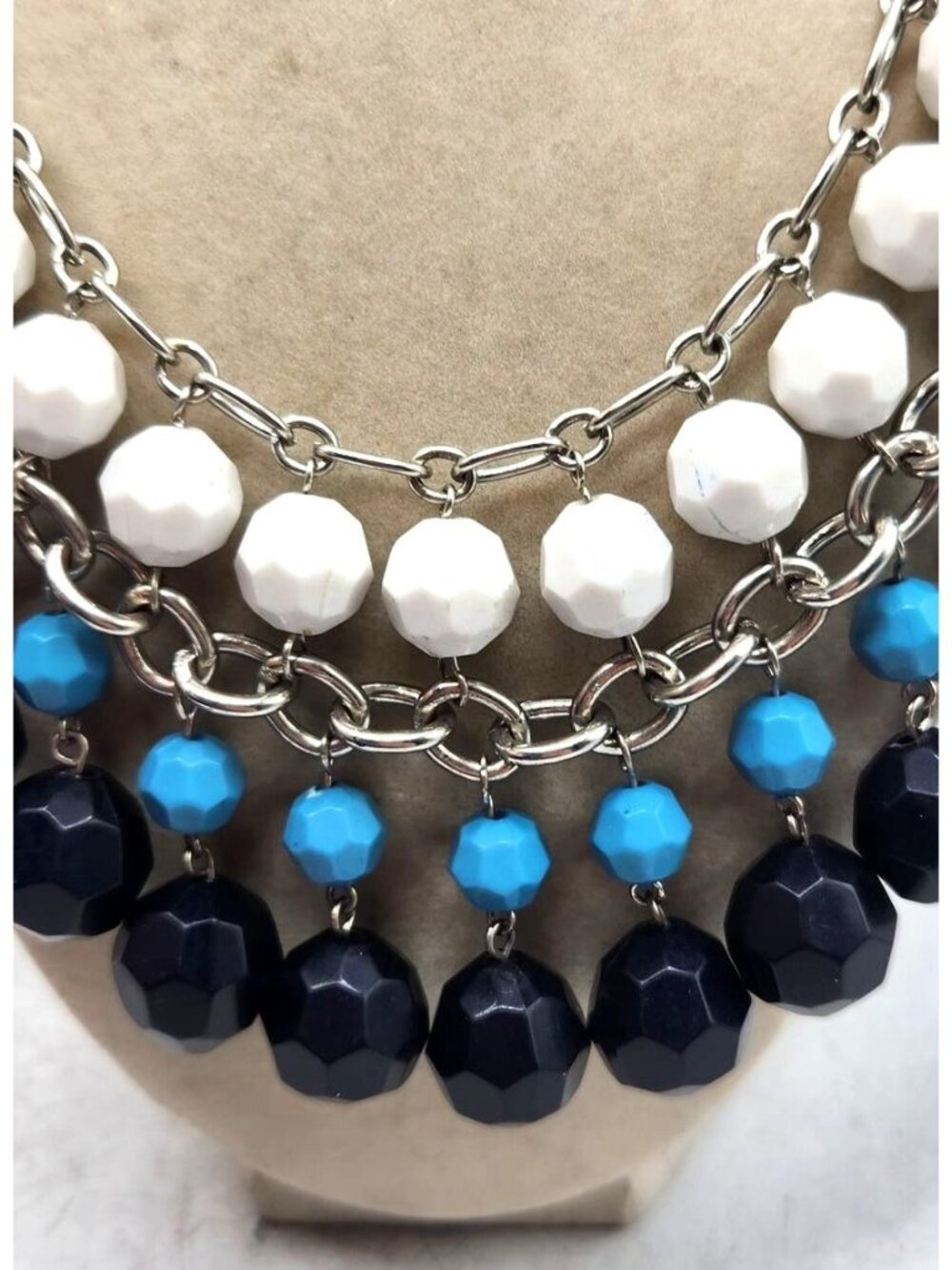 Blue & White Plastic Beaded  Silver Toned Chain Bib Necklace - 3 Layers